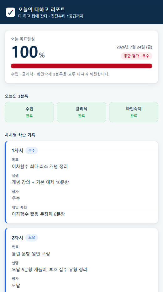 하원 시 보호자에게 발송되는 다하고 하루 리포트